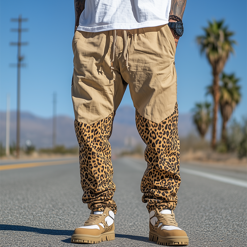 Men's Spring And Summer Casual Western Cowboy Style Cotton And Linen Splicing Leopard Print Elastic Waist Cuff Pants DTT25060610