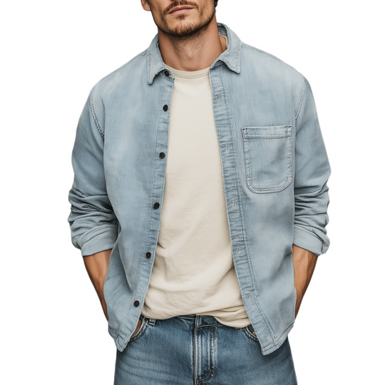 Men's Retro Casual Corduroy Washed Lightly Bleached Distressed Long-sleeved Shirt DTT25072807