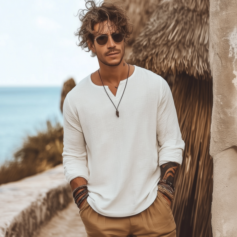 Men's Casual Solid Color Breathable Cotton Bubble Wrinkled V-neck Loose Long-sleeved T-shirt DTT25070210