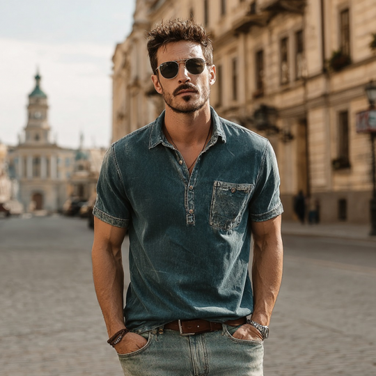Men's Casual Outdoor Denim Washed Distressed Lapel Patch Pocket Slim Fit Short-sleeved Polo Shirt DTT25062319