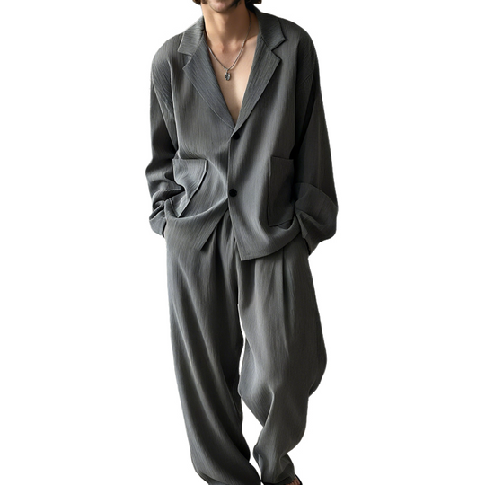 Men's Fashion Ribbed Cuban Collar Single Breasted Loose Long Sleeve Shirt Elastic Waist Straight Pants Set DTT25070911