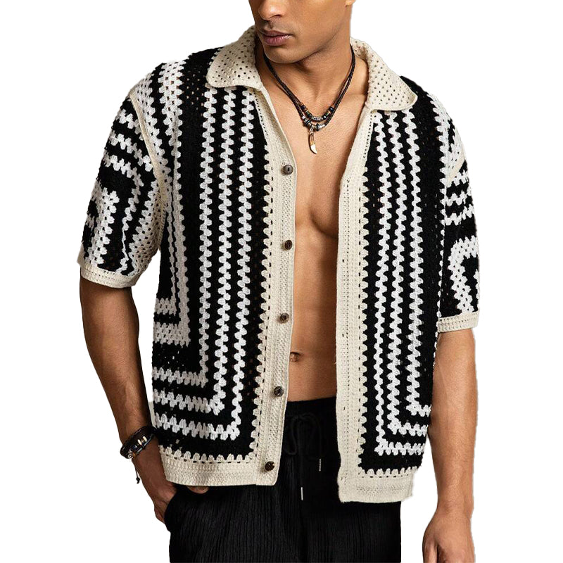 Men's Knitted Patchwork Contrast Lapel Short-sleeved Shirt 9918989533368