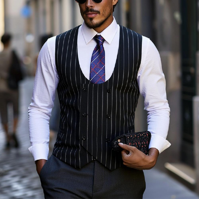 Men's Casual Striped U-Neck Double-Breasted Vest (Shirt Not Included) 9906103812280