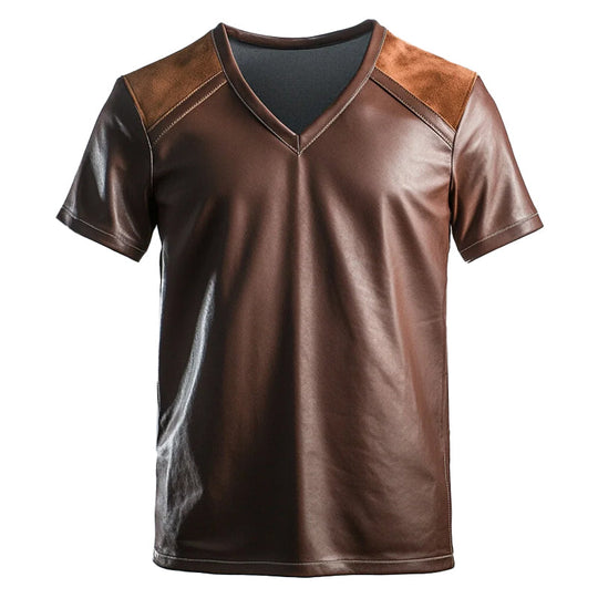 Men's V Neck Patchwork PU Leather Short Sleeve T-Shirt 9951400984760