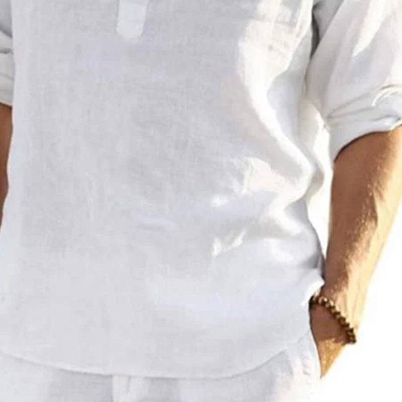Men's Loose Stand Collar Cotton and Linen Long Sleeve Solid Color Shirt 9904627744952