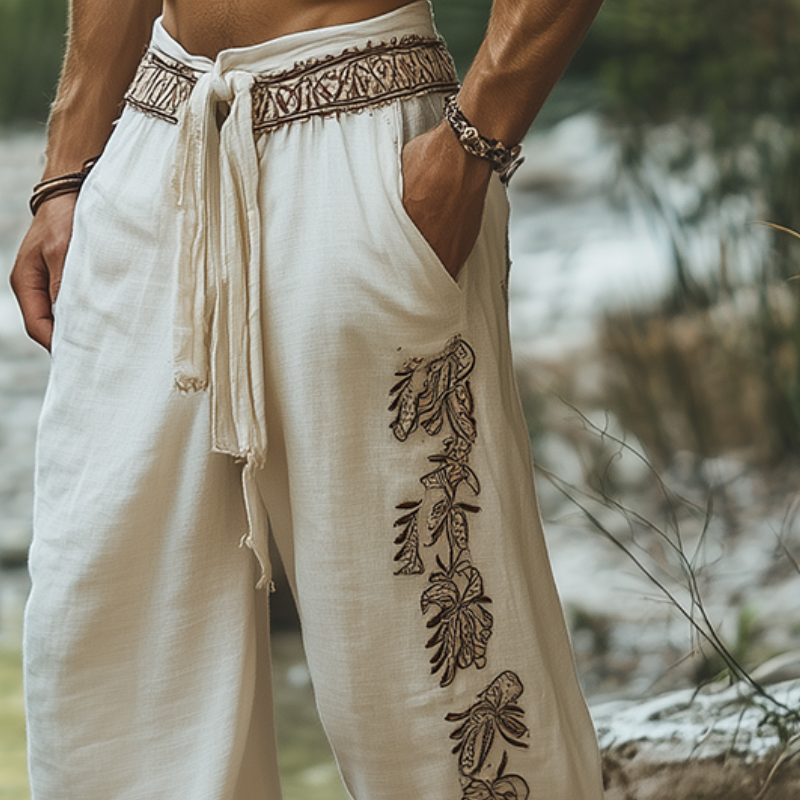 Men's Retro Casual Bohemian Embroidered Linen Trousers 9911546052792