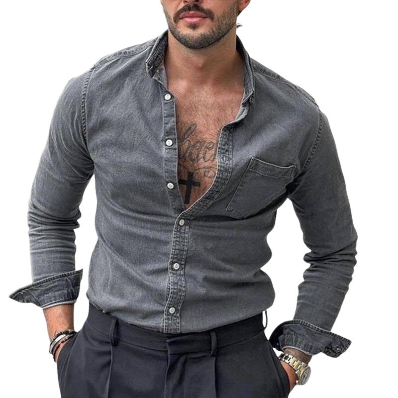 Men's Vintage Washed Denim Slim Fit Long Sleeve Shirt 9901327548600