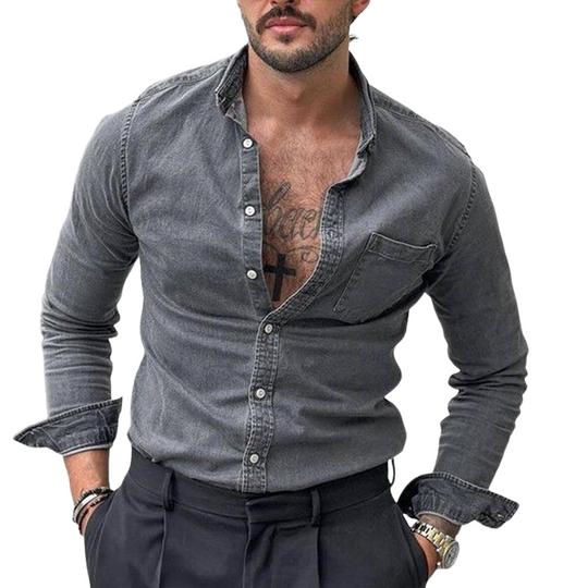 Men's Vintage Washed Denim Slim Fit Long Sleeve Shirt 9901327548600