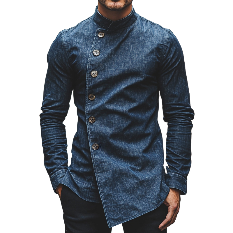 Men's Retro Casual Denim Stand Collar Slim Fit Long Sleeve Shirt 9903251554488