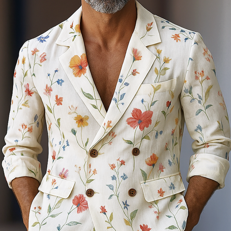 Men's Floral Notch Lapel Double Breasted Chiffon Blazer DTT25070819