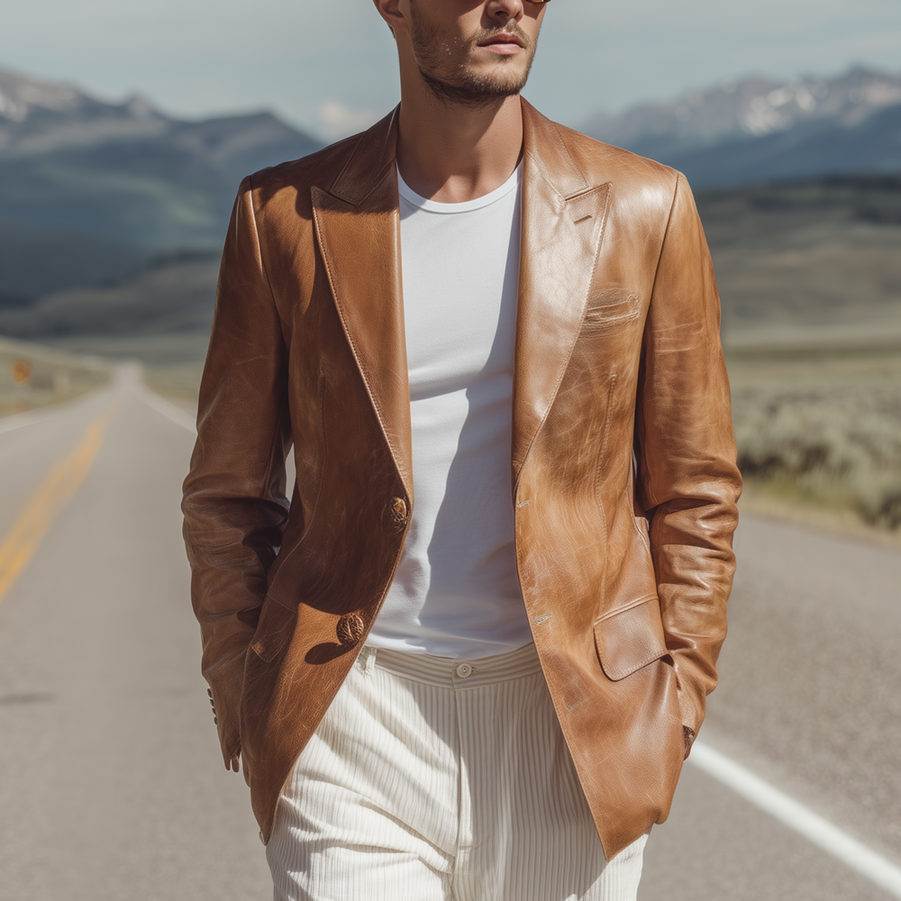 Men's Fashion  Retro Textured Leather Single-breasted Slim-fit Blazer DTT25080601