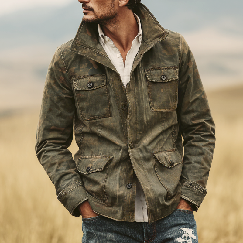 Men's Washed Camouflage Cotton Stand Collar Multi-pocket Cargo Jacket DTT25090407