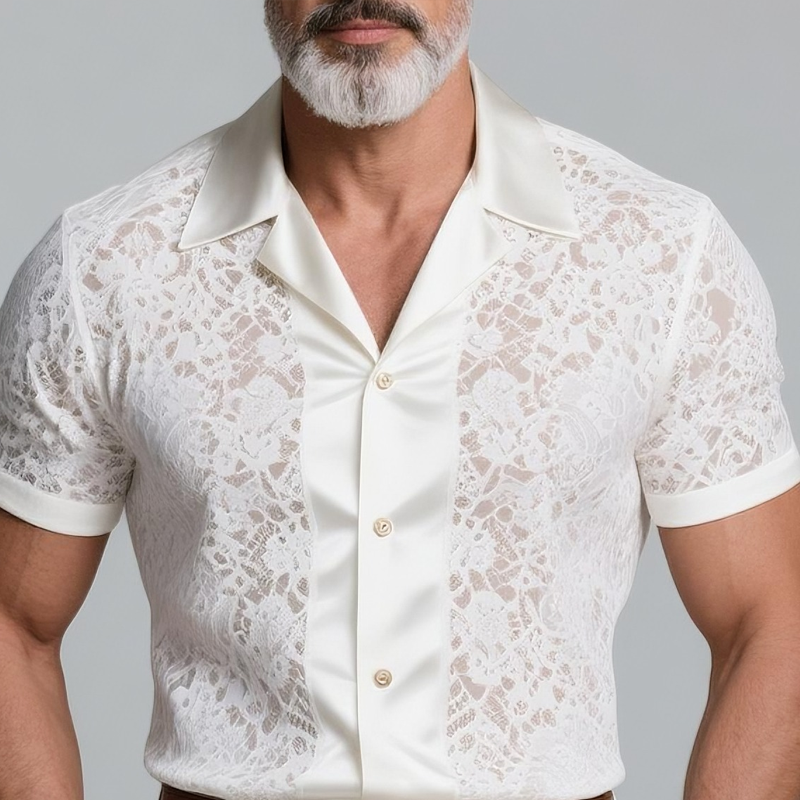 Men's Lace Stitching Satin Lapel Short Sleeve Shirt DTT25073105