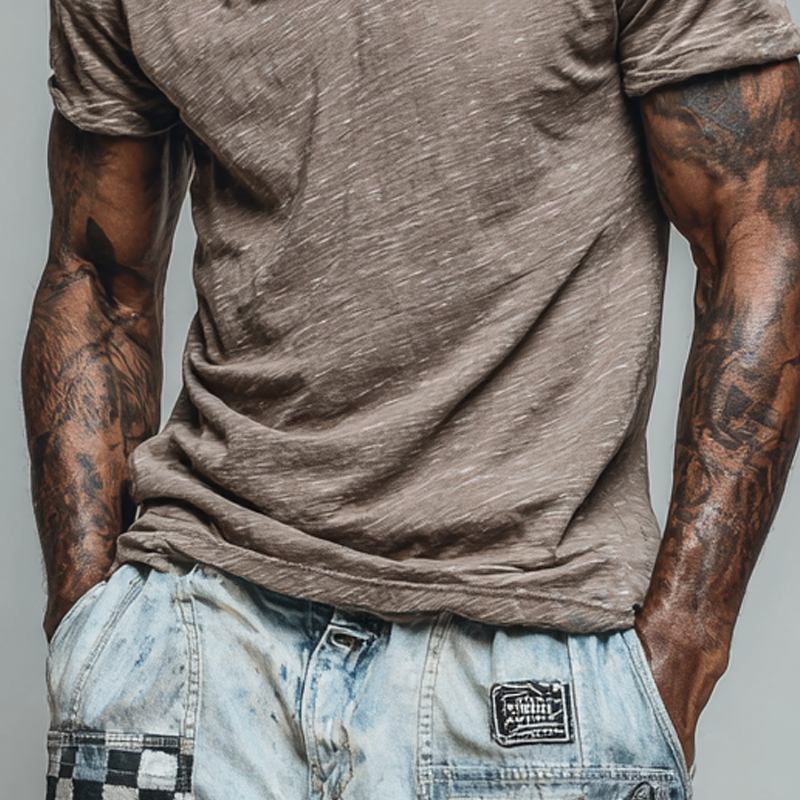 Men's Cotton Blend Plaid Print V-neck Short-sleeved T-shirt DTT25062312