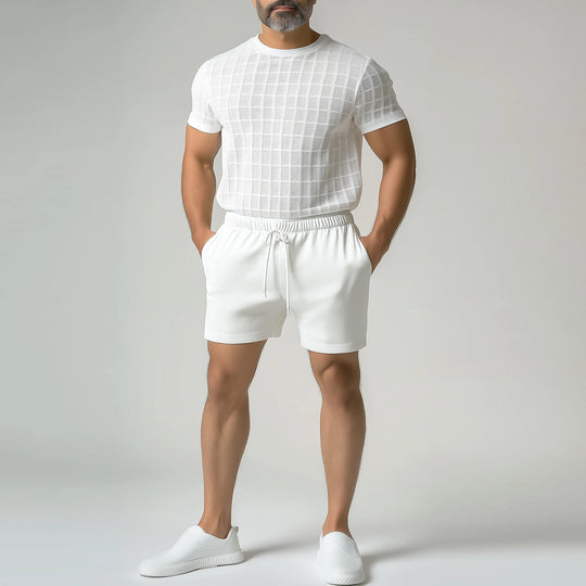 Men's Casual Crew Neck Short Sleeve Grid Textured T-Shirt 9953098170552
