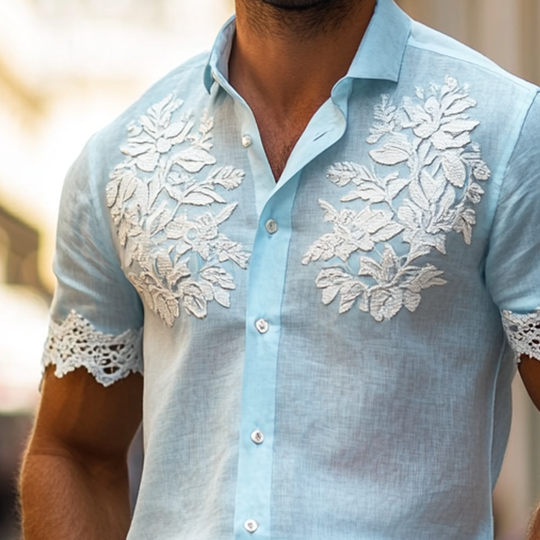 Men's Floral Embroidered Lapel Short Sleeve Shirt DTT25060520