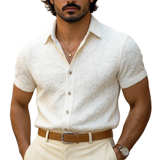 Men's Solid Color Jacquard Lapel Short Sleeve Shirt DTT25070405