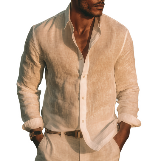 Men's Fashion Solid Color Breathable Linen Lapel Slim Fit Long Sleeve Shirt DTT25070917