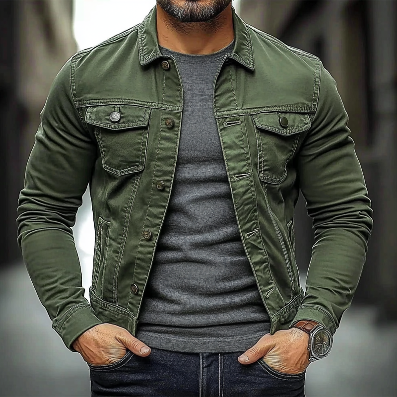 Men's Solid Color Slim Fit Single-breasted Lapel Denim Jacket DTT25082703