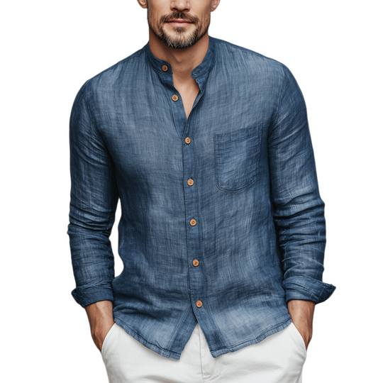Men's Classic Casual Tencel Cotton Stand Collar Long Sleeve Shirt DTT25080119