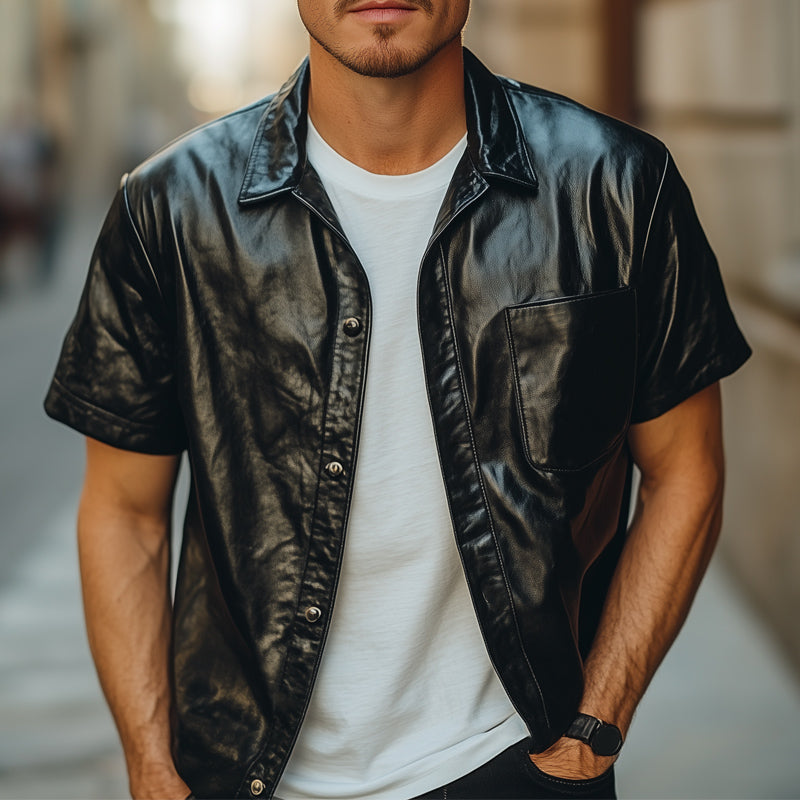 Men's Summer Loose Black Leather Short Sleeve Shirt 9944185766072