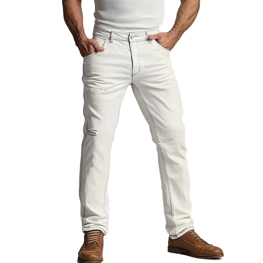 Men's Solid Slant Pocket Straight Leg Ripped Denim Jeans 9899608178872