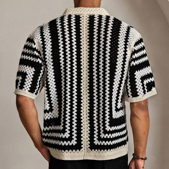 Men's Knitted Patchwork Contrast Lapel Short-sleeved Shirt 9918989533368