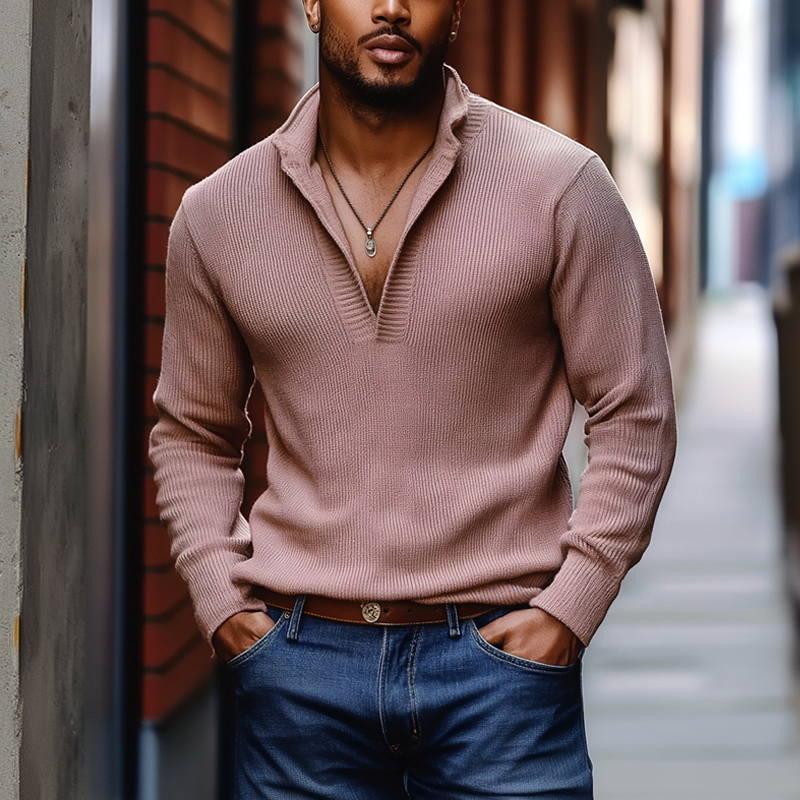 Men's Solid Color Knitted Stand Collar Long Sleeve Sweater 9903260631224