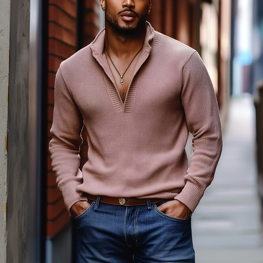 Men's Solid Color Knitted Stand Collar Long Sleeve Sweater 9903260631224