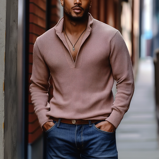 Men's Solid Color Knitted Stand Collar Long Sleeve Sweater 9903260631224