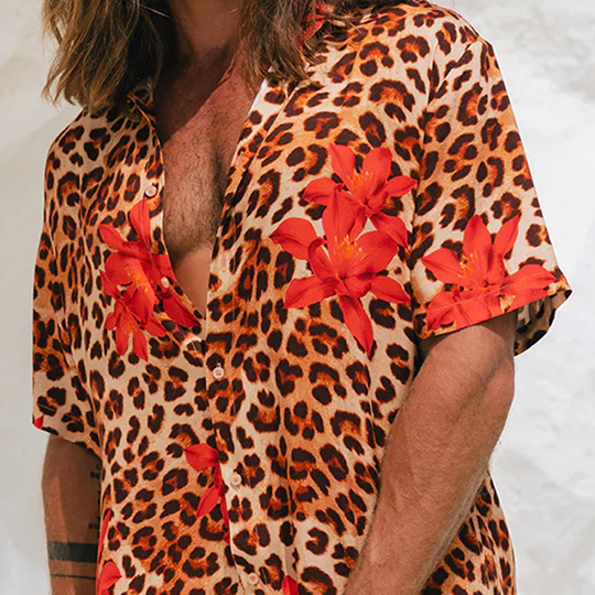 Men's Spring And Summer Fashion Casual Cotton Blended Printed Leopard Rose Sexy Short Sleeve Shirt DTT25071112