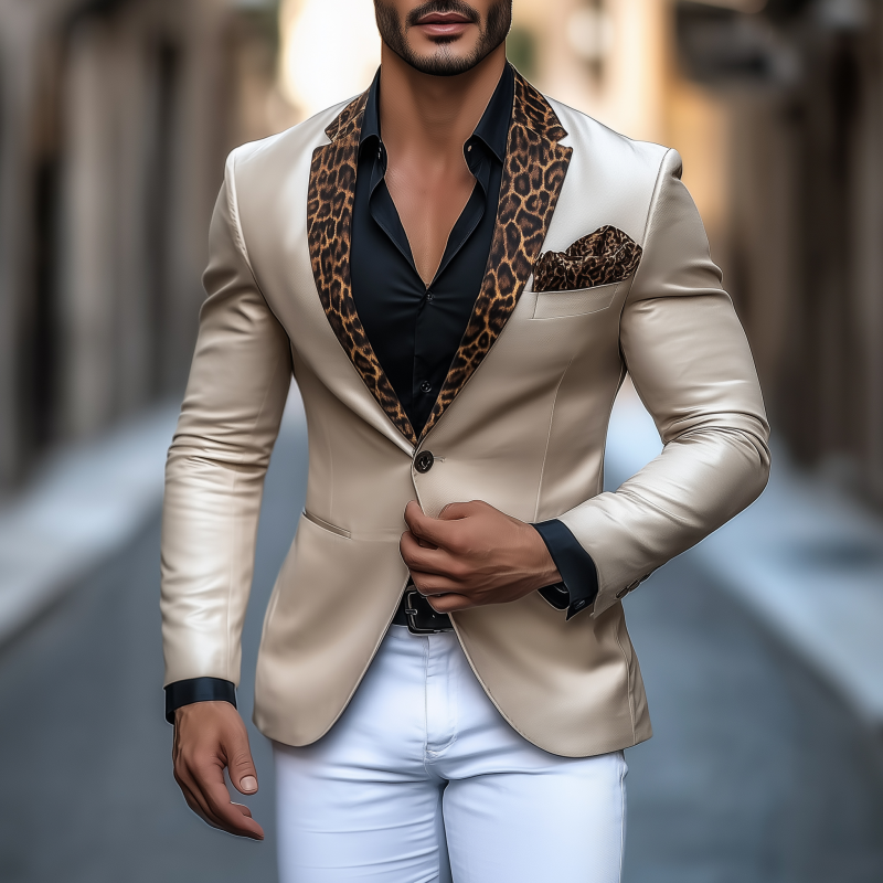 Men's Stylish Elegant Leopard Print Satin Patchwork Notch Lapel Single-breasted Slim-fit Blazer DTT25081504