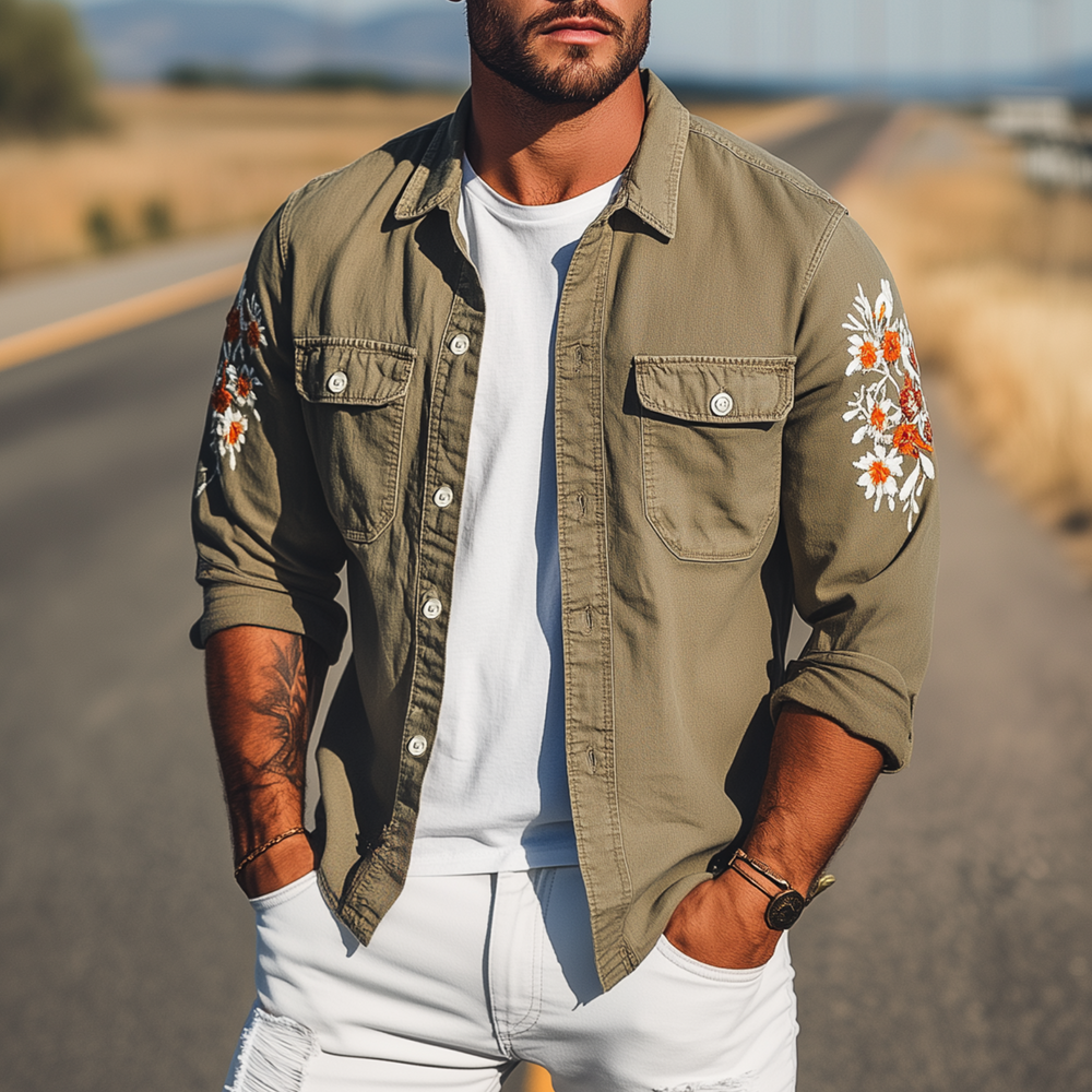 Men's Vintage Casual Washed Cotton Blend Sleeve Embroidered Long Sleeve Shirt DTT25072806