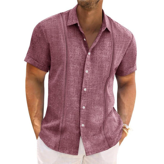 Men's Solid Color Lapel Short Sleeve Cotton and Linen Shirt 9956142612664
