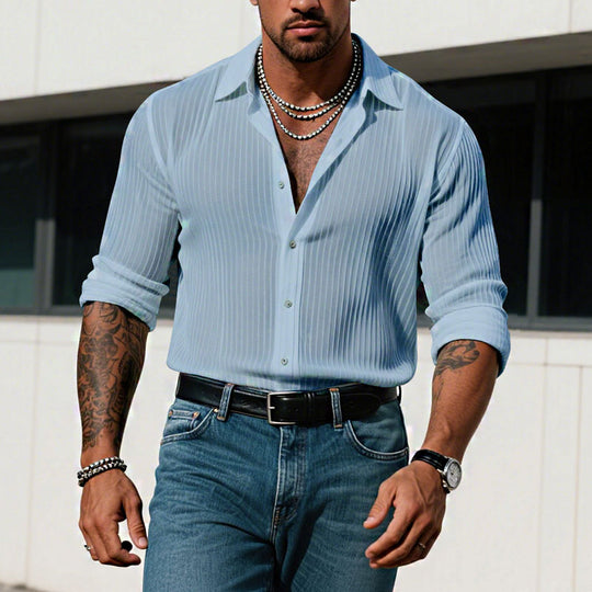 Men's Solid Color Striped Lapel Long Sleeve Shirt 9261775323320