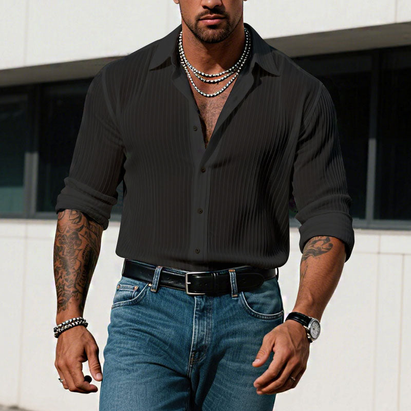 Men's Solid Color Striped Lapel Long Sleeve Shirt 9261775323320