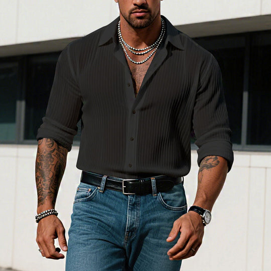 Men's Solid Color Striped Lapel Long Sleeve Shirt 9261775323320