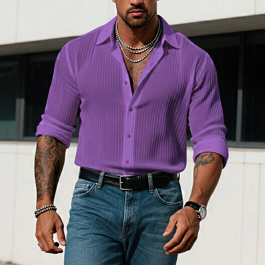 Men's Solid Color Striped Lapel Long Sleeve Shirt 9261775323320