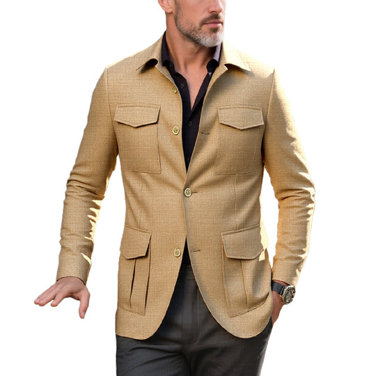 Men's Casual Cotton Linen Lapel Multi-pocket Safari Jacket Dtt239538360