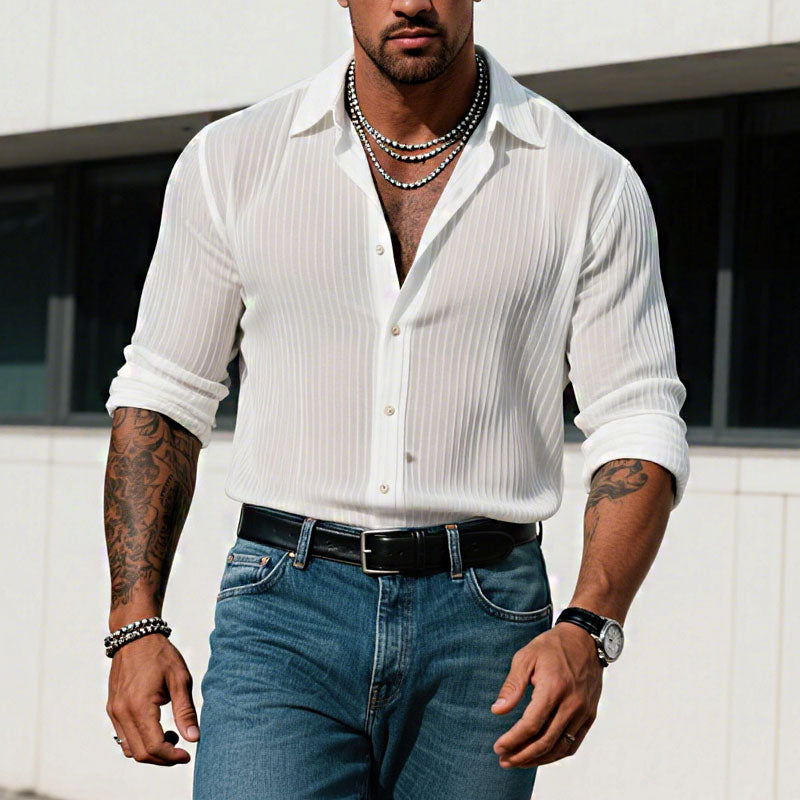 Men's Solid Color Striped Lapel Long Sleeve Shirt 9261775323320