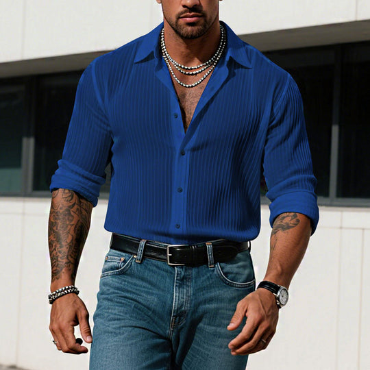 Men's Solid Color Striped Lapel Long Sleeve Shirt 9261775323320