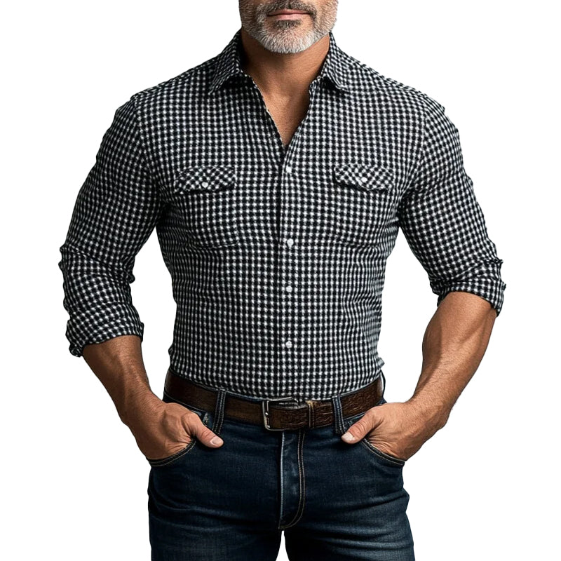 Men's Turndown Collar Single Breasted Houndstooth Pattern Long Sleeve Shirt 9899605983416