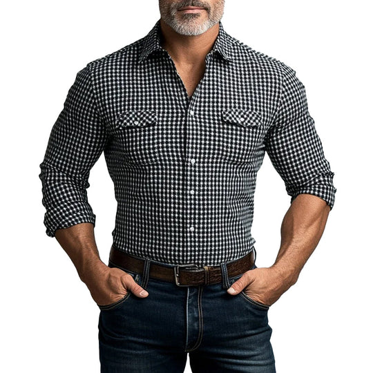 Men's Turndown Collar Single Breasted Houndstooth Pattern Long Sleeve Shirt 9899605983416