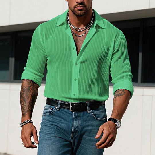 Men's Solid Color Striped Lapel Long Sleeve Shirt 9261775323320