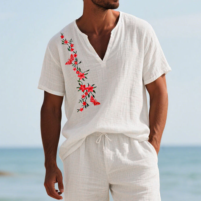 Men's Floral Butterfly Print V Neck Short Sleeve T-shirt 9956074258616