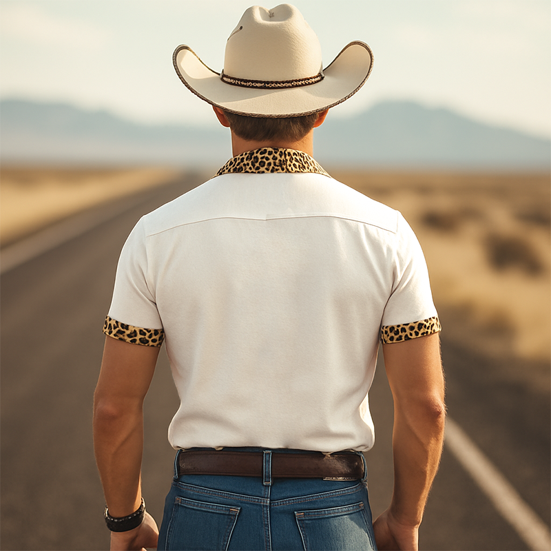 Men's Spring And Summer Classic Casual Retro Western Cowboy Style Cotton Blended Stitching Leopard Print Slim Short-Sleeved Shirt DDT25052917
