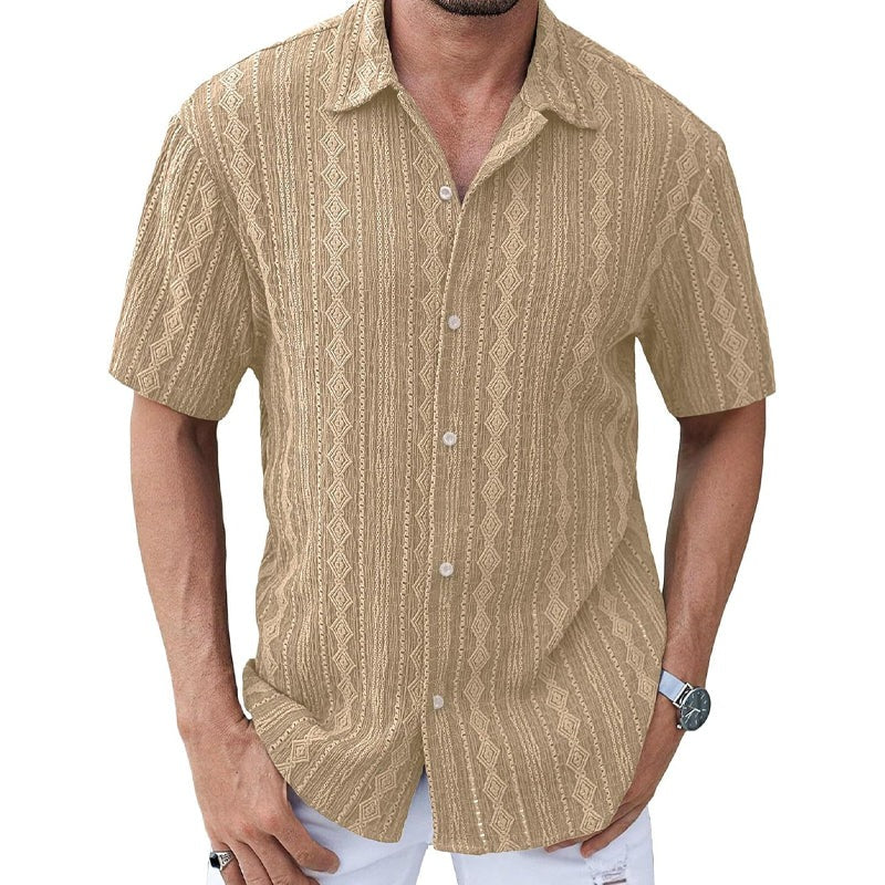 Men's Lace Short Sleeve Lapel Solid Color Shirt 9956142579896