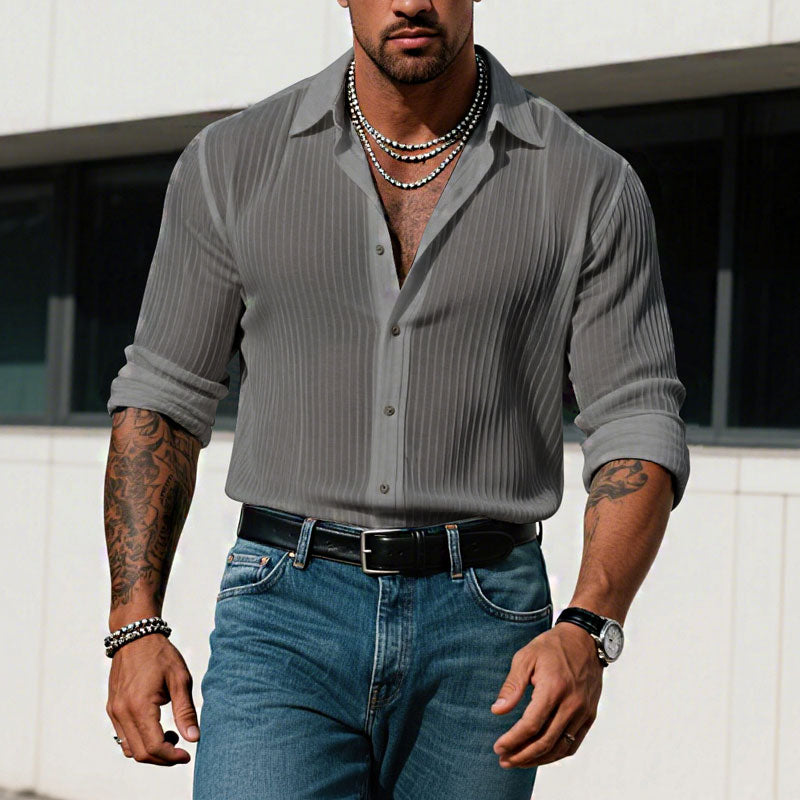 Men's Solid Color Striped Lapel Long Sleeve Shirt 9261775323320