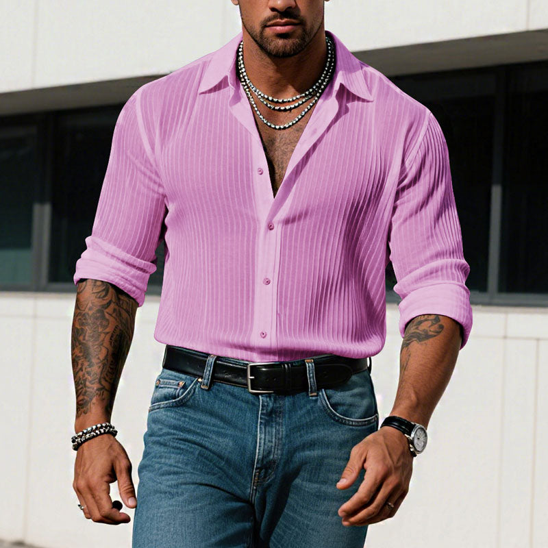 Men's Solid Color Striped Lapel Long Sleeve Shirt 9261775323320