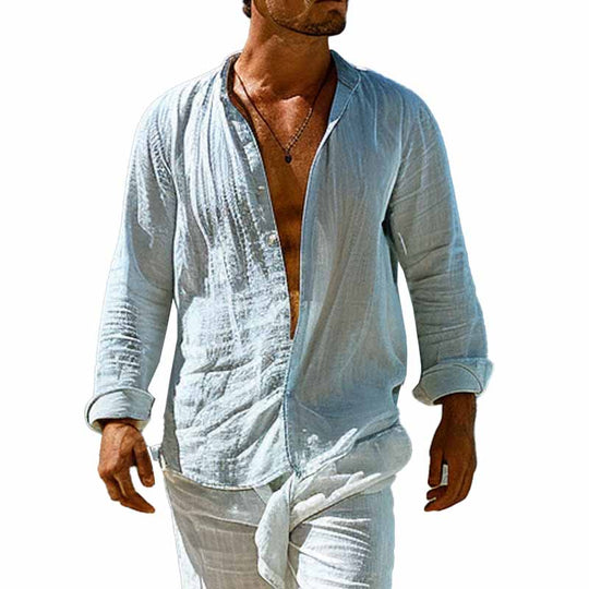 Men's Cotton and Linen Casual Stand Collar Long Sleeve Shirt 9894194708664